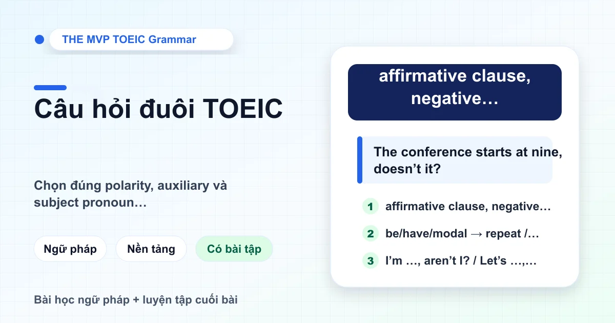 Thẻ ngữ pháp TOEIC minh họa công thức câu hỏi đuôi