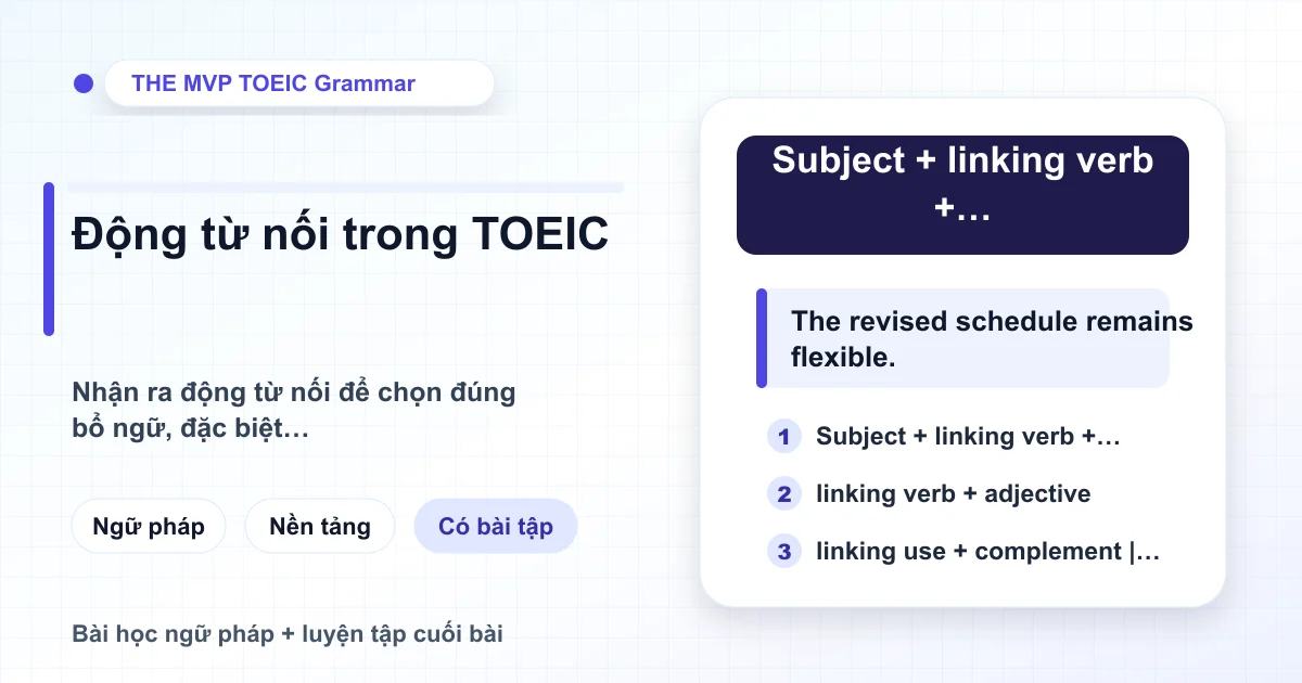 Thẻ bài học ngữ pháp TOEIC về động từ nối và bổ ngữ chủ ngữ