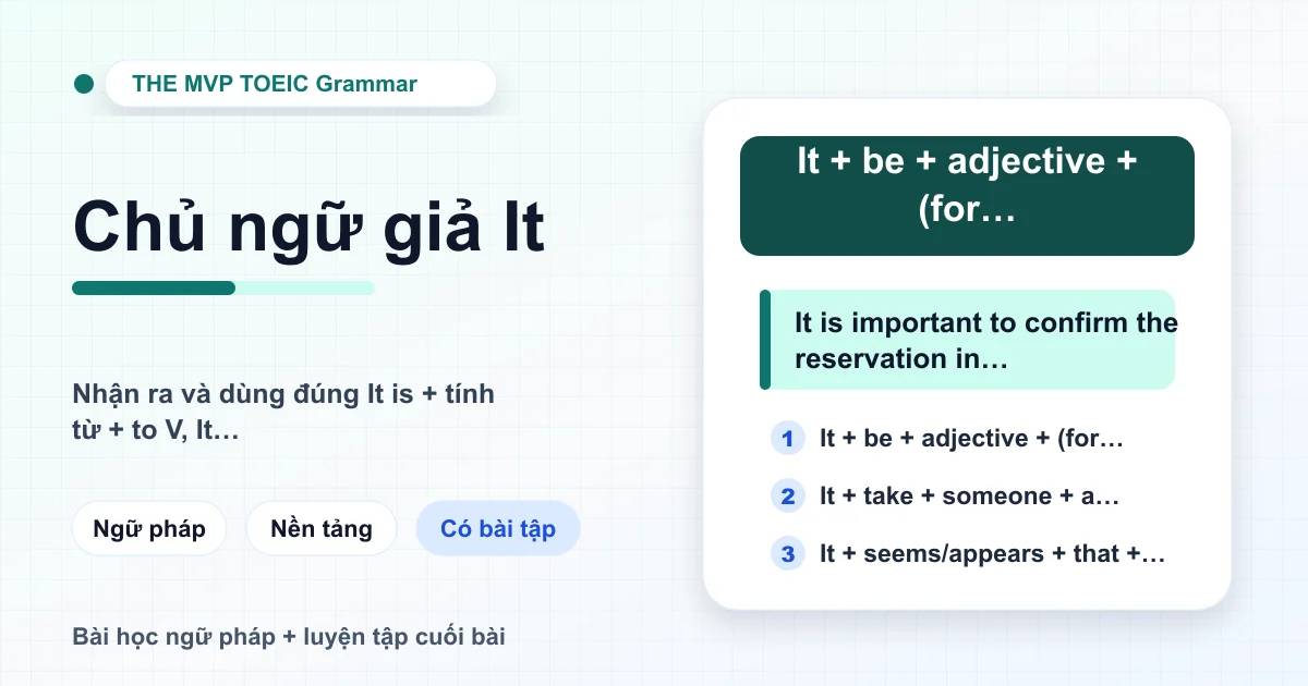 Thẻ bài học TOEIC minh họa chủ ngữ giả It trong các mẫu câu công sở