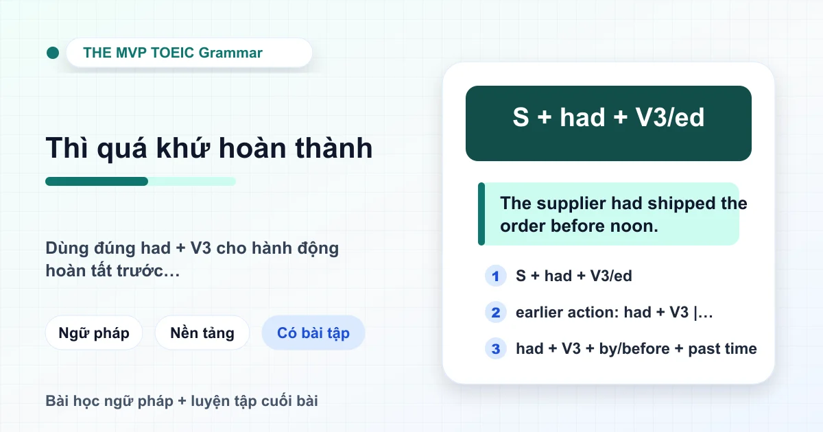 Thẻ bài học TOEIC về thì quá khứ hoàn thành và công thức had cộng quá khứ phân từ