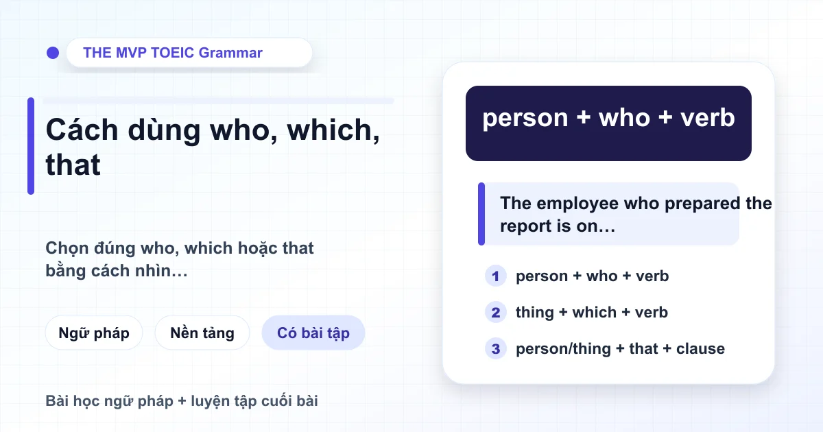 Thẻ học Grammar Lesson về cách chọn who, which và that trong TOEIC